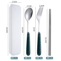 Transparent Box + Glossy Chopsticks + Lightning Handle Round Spoon & Fork (Green)