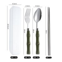 Transparent Box + Large Pointed Spoon, Fork, Chopsticks + Army Green Bamboo Handle