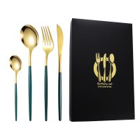 Green and Gold Knife, Fork, Spoon, and Small Spoon 4-Piece Set