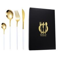 White and Gold Knife, Fork, Spoon, and Small Spoon 4-Piece Set