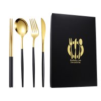 Black and Gold Knife, Fork, Spoon, and Chopsticks 4-Piece Set