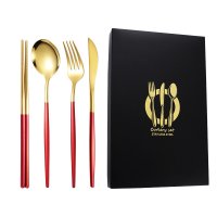 Red and Gold Knife, Fork, Spoon, and Chopsticks 4-Piece Set