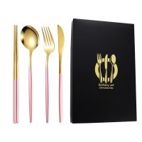 Pink and Gold Knife, Fork, Spoon, and Chopsticks 4-Piece Set