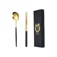 Black and Gold Spoon and Chopsticks Set