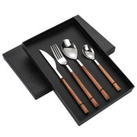 Square Handle Wood Grain 4-Piece Set (Silver)